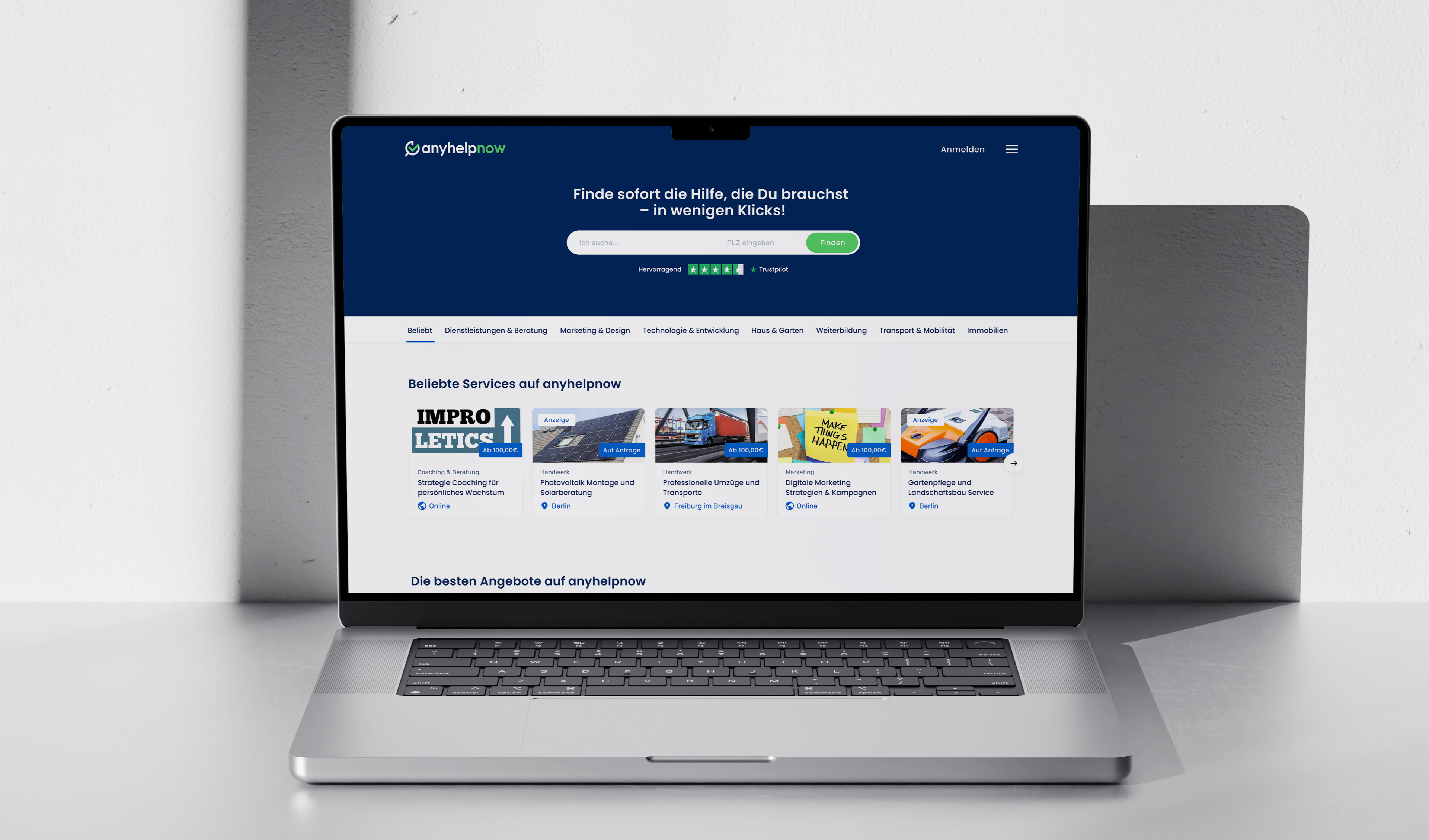 Startseite von Anyhelpnow mit Suchbereich für Dienstleistungen und übersichtlicher Navigation