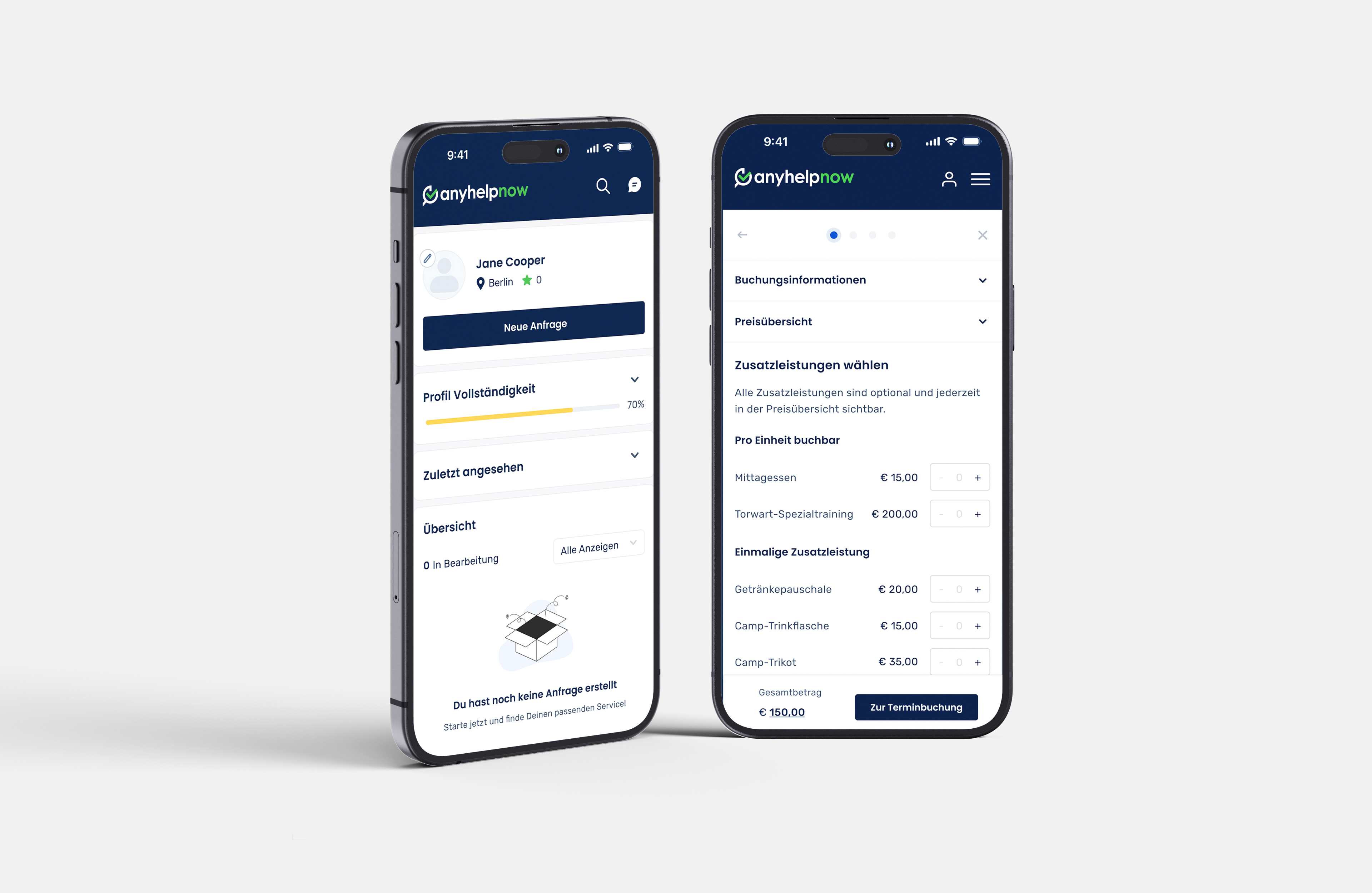 Desktop-Ansicht der Anyhelpnow Plattform mit Fokus auf Service-Suche und Nutzerführung