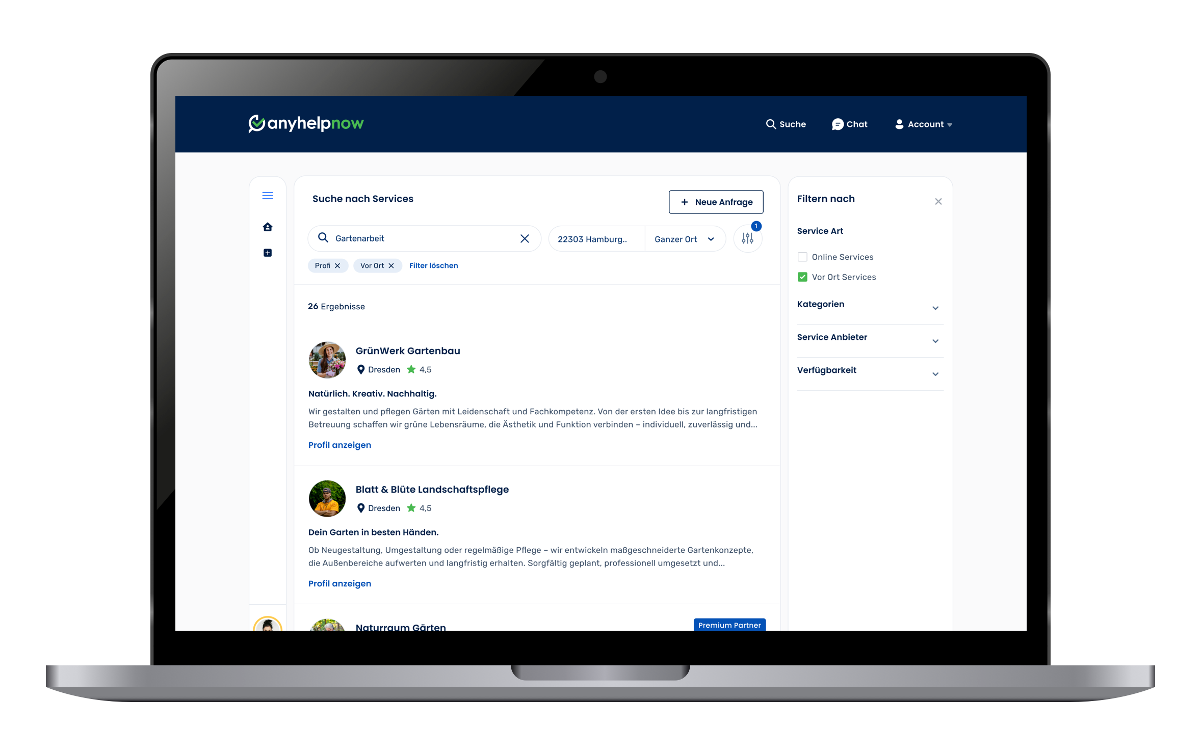 Suchfunktion der Anyhelpnow Plattform mit Filtern zur gezielten Auswahl passender Dienstleistungen