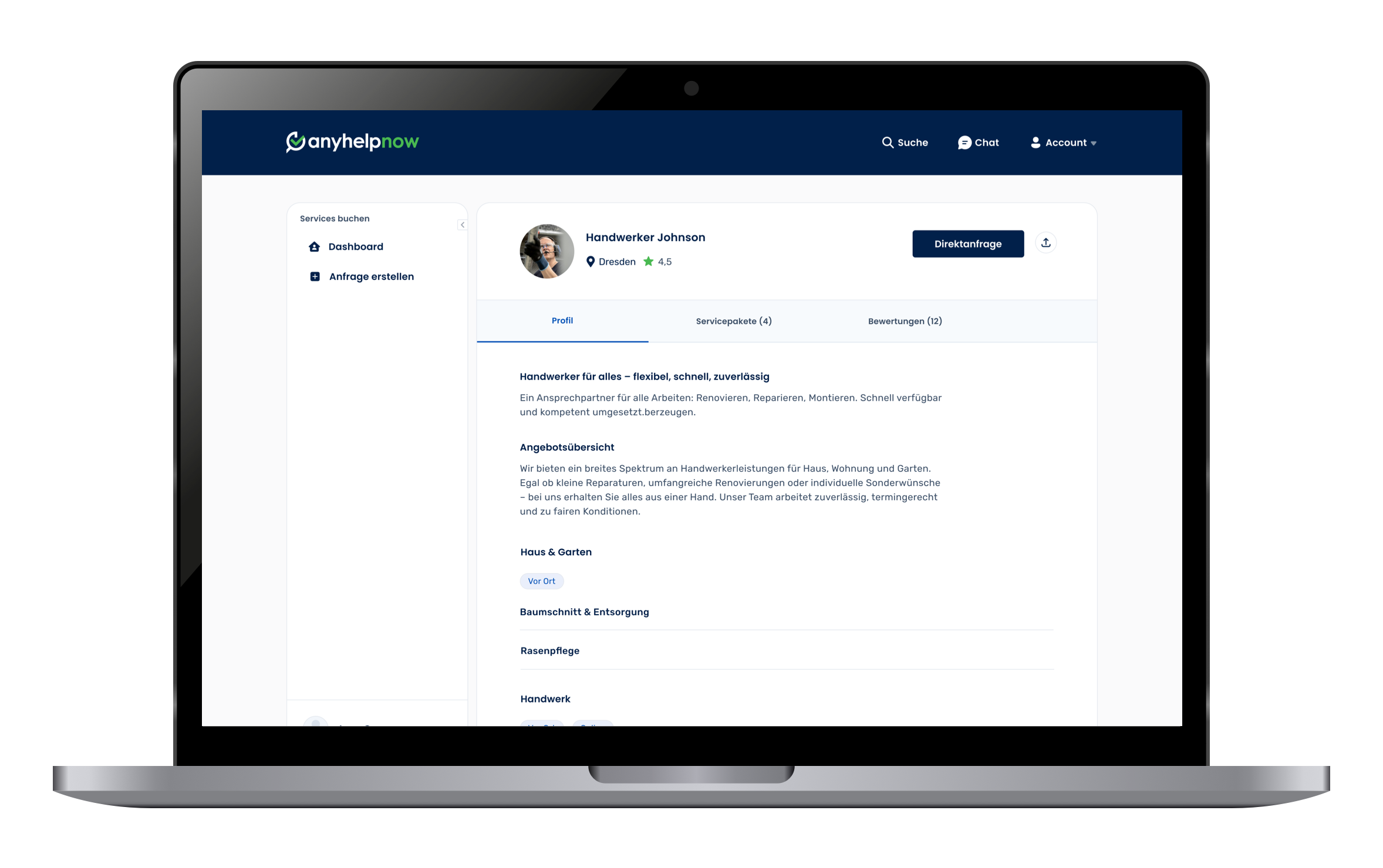 Vergleichsansicht von Dienstleisterprofilen mit Bewertungen und Leistungsinformationen auf Anyhelpnow