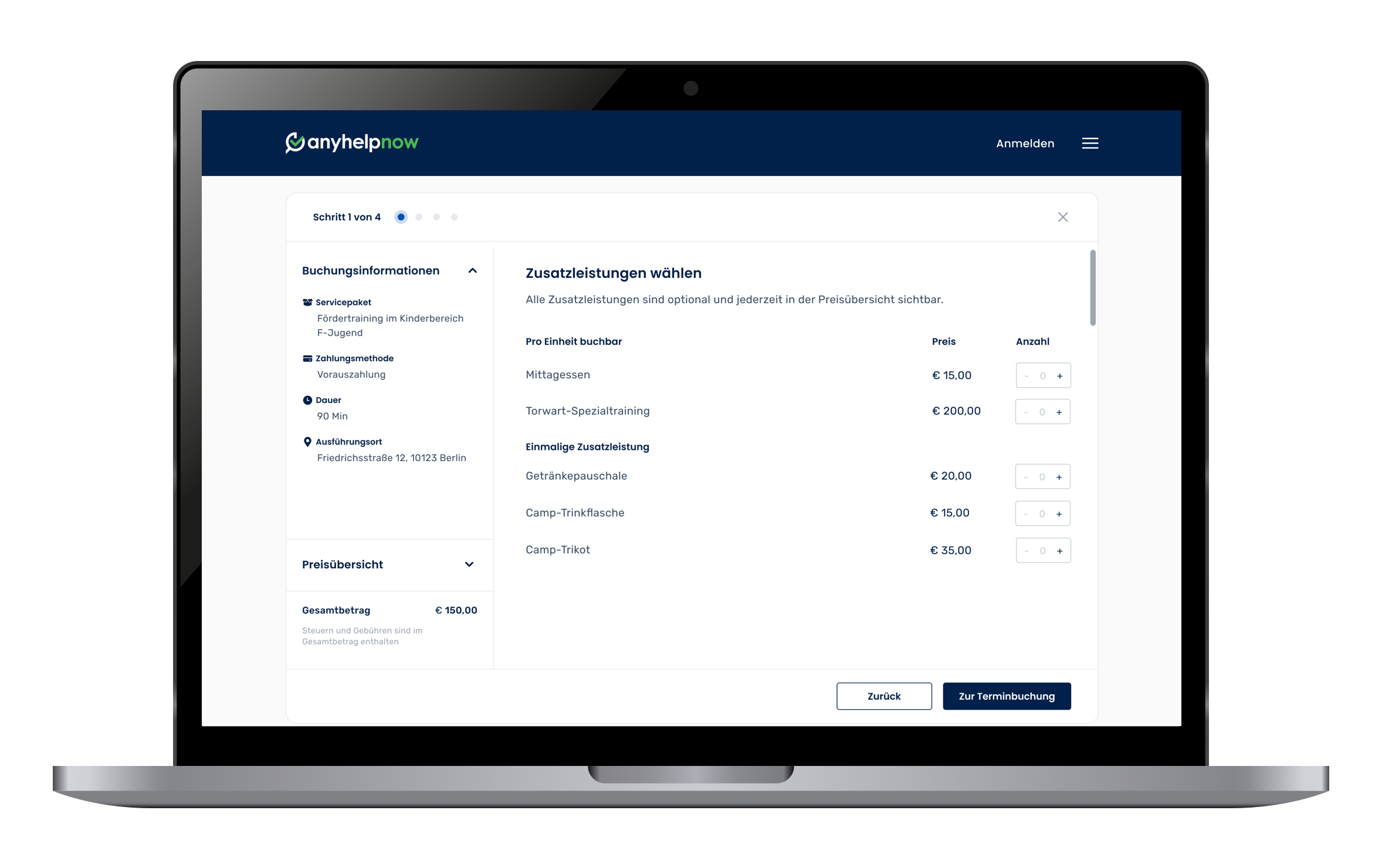 Schrittweises Buchungsformular für Servicepakete auf der Anyhelpnow Plattform