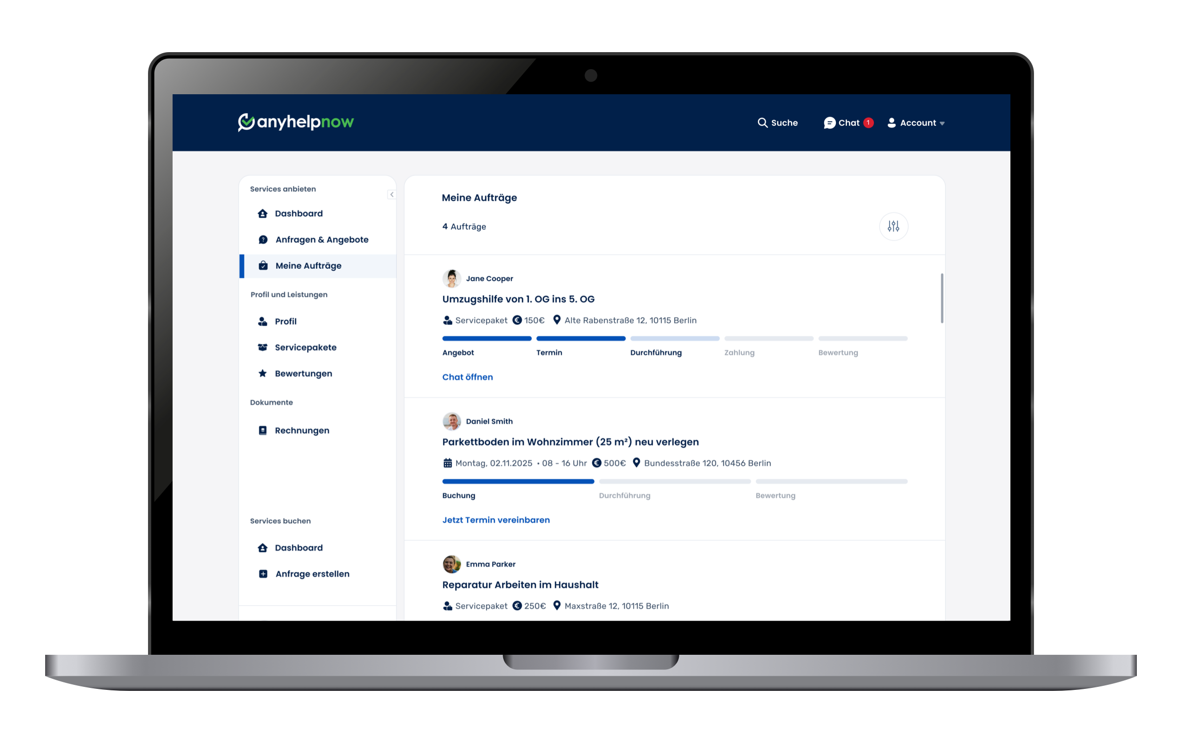 Dienstleister-Dashboard mit Auftragsstatus und Projektphasen zur strukturierten Verwaltung