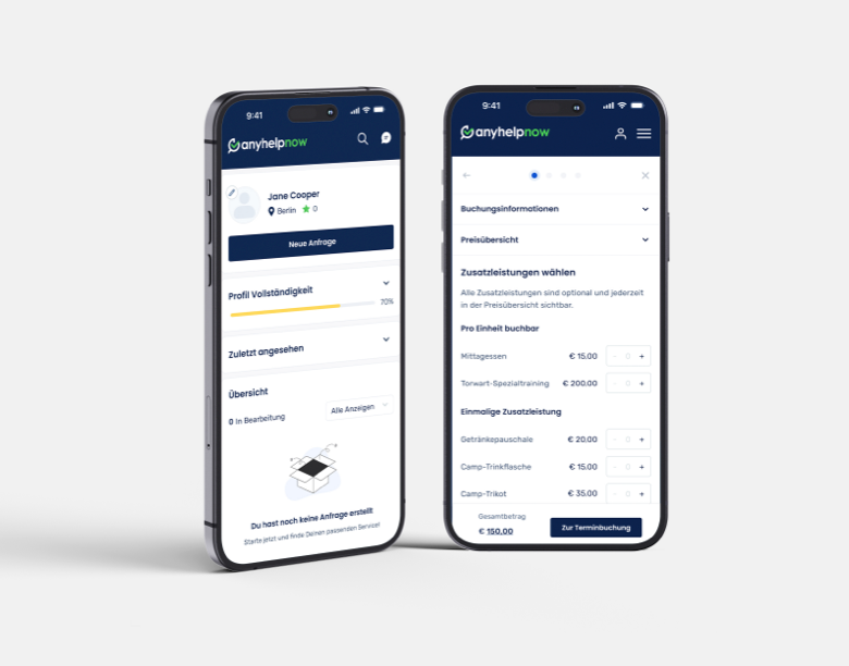 Mobile Ansicht von Anyhelpnow mit optimierter Navigation und Buchungszugang