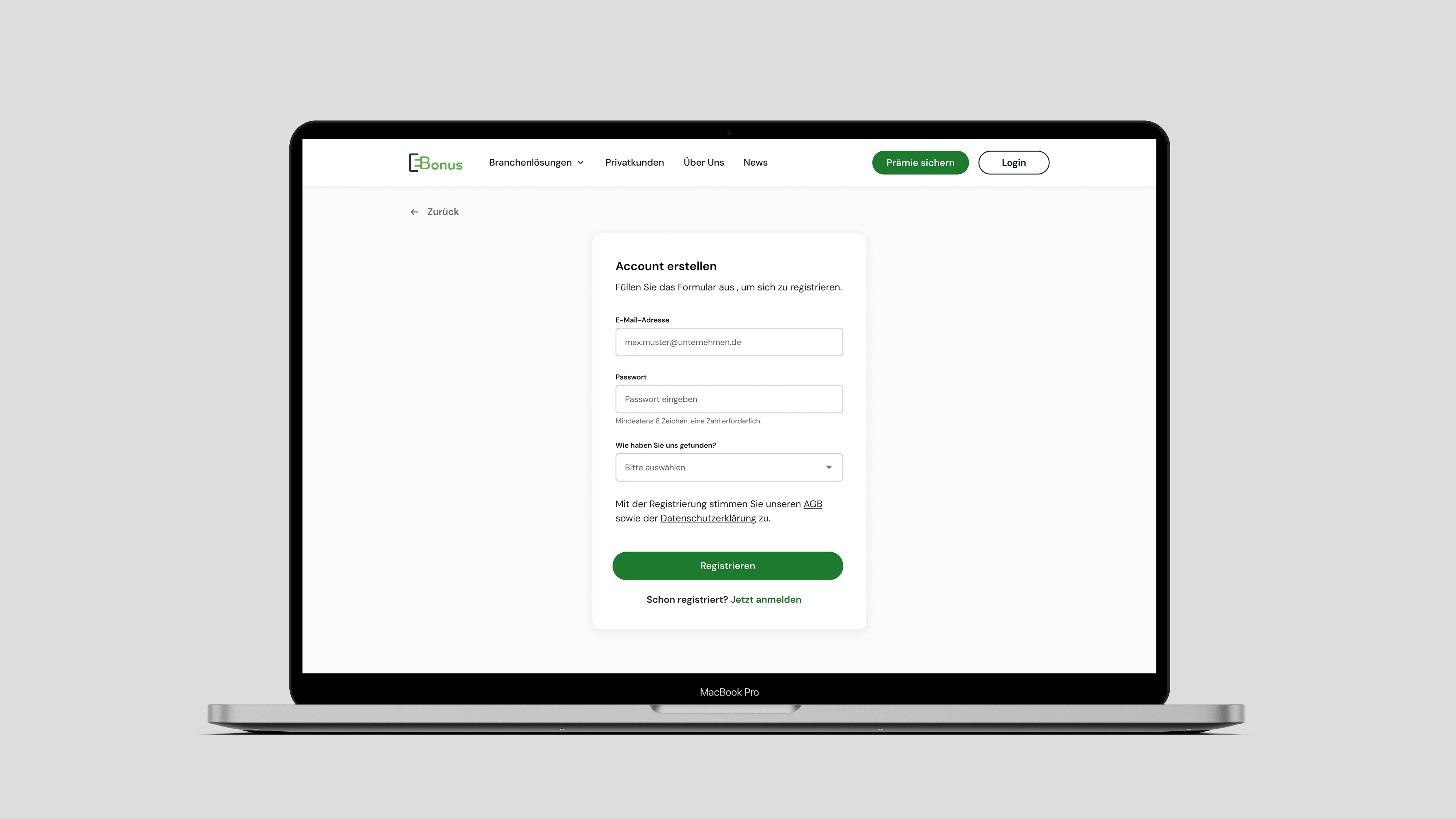 Desktop-Mockup der Ebonus Registrierungsstrecke