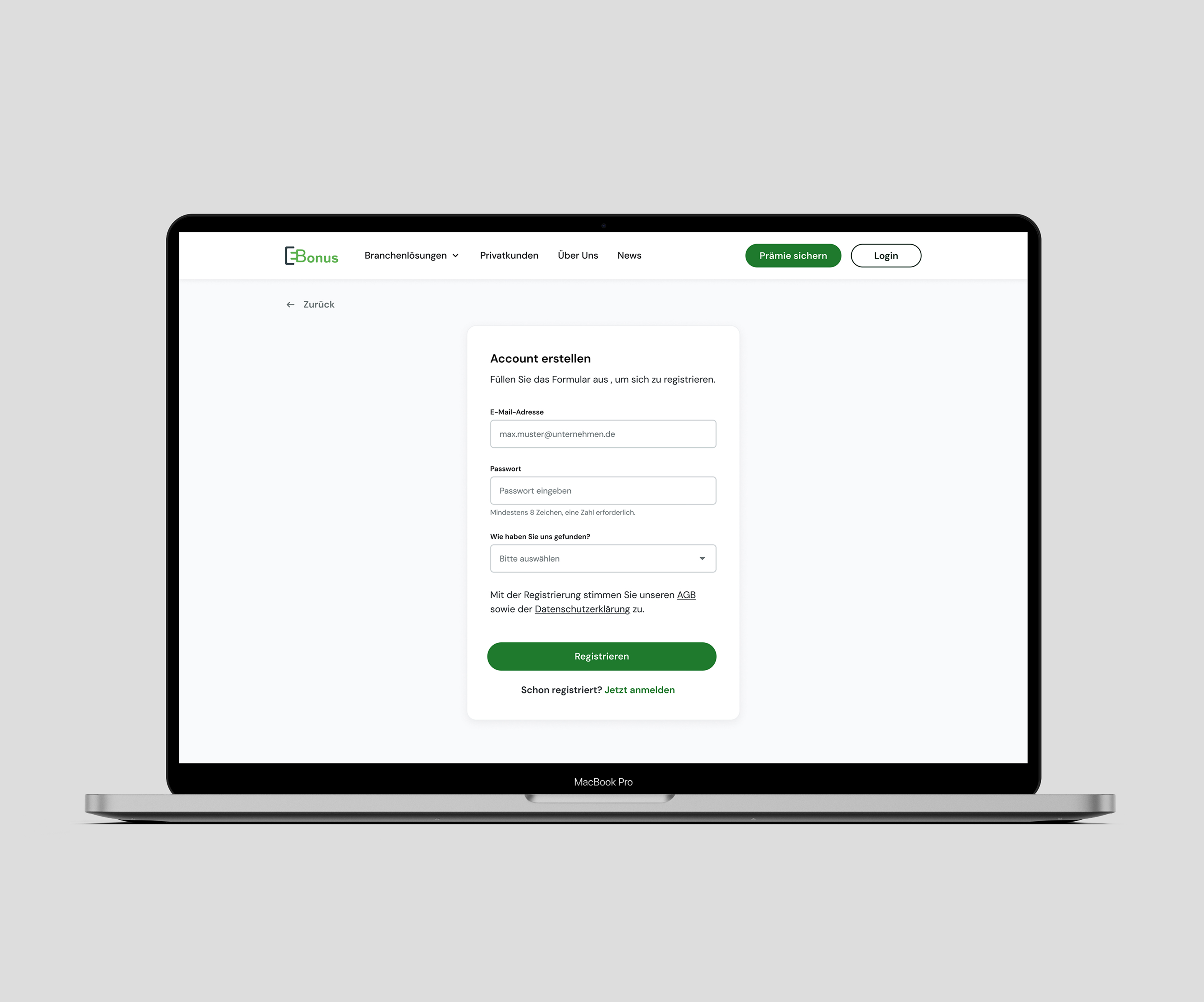 Tablet-Ansicht der Ebonus Registrierungsstrecke