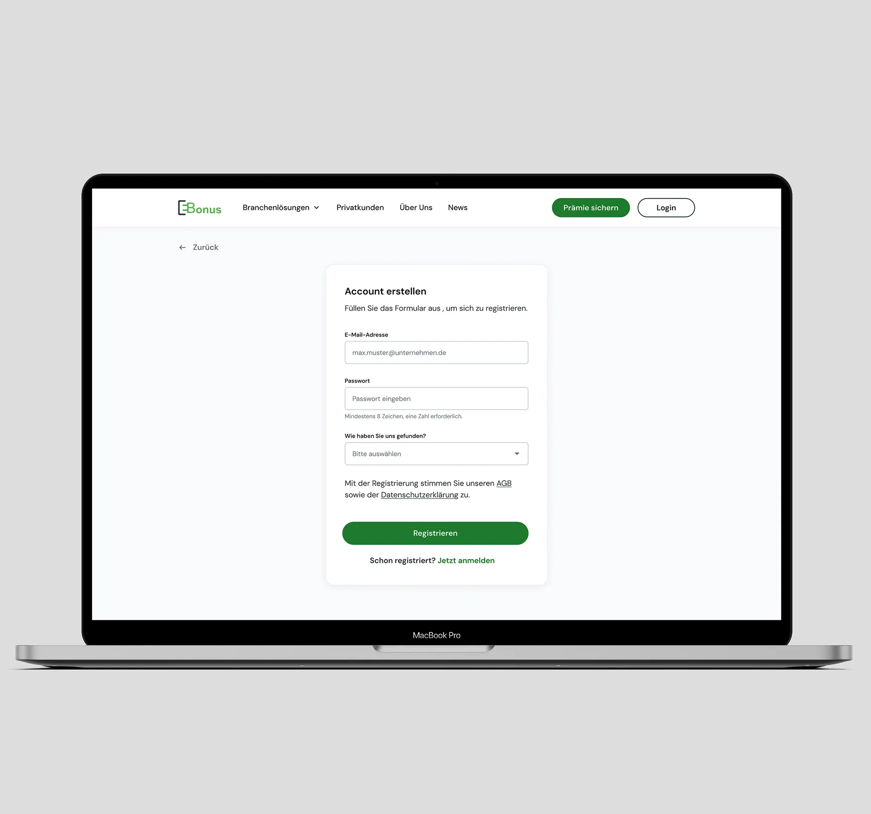 Mobile Darstellung der Ebonus Registrierungsstrecke