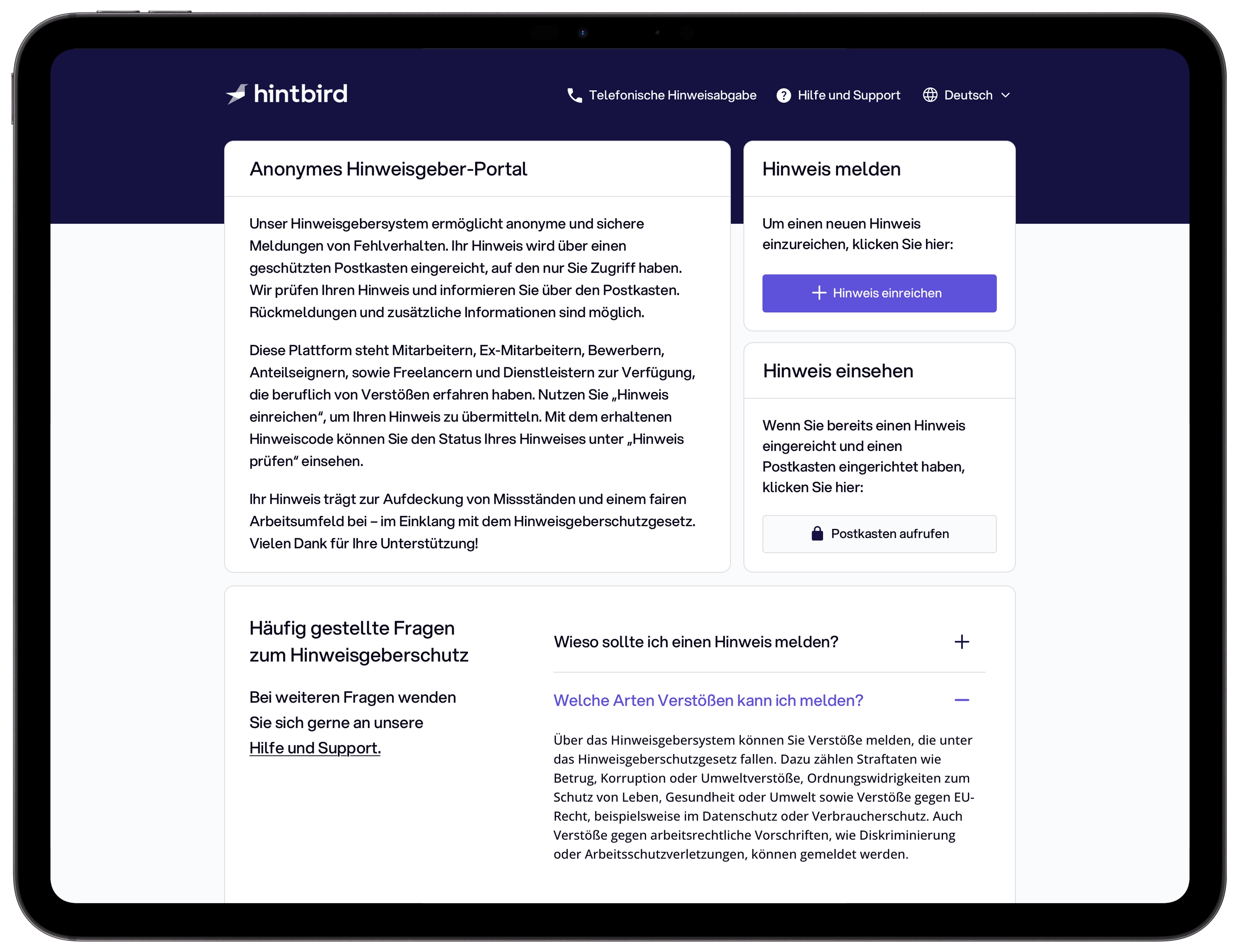 Die Startseite ermöglicht das einfache Abgeben und Einsehen von Hinweisen und dient gleichzeitig als zentrale Anlaufstelle für häufig gestellte Fragen.