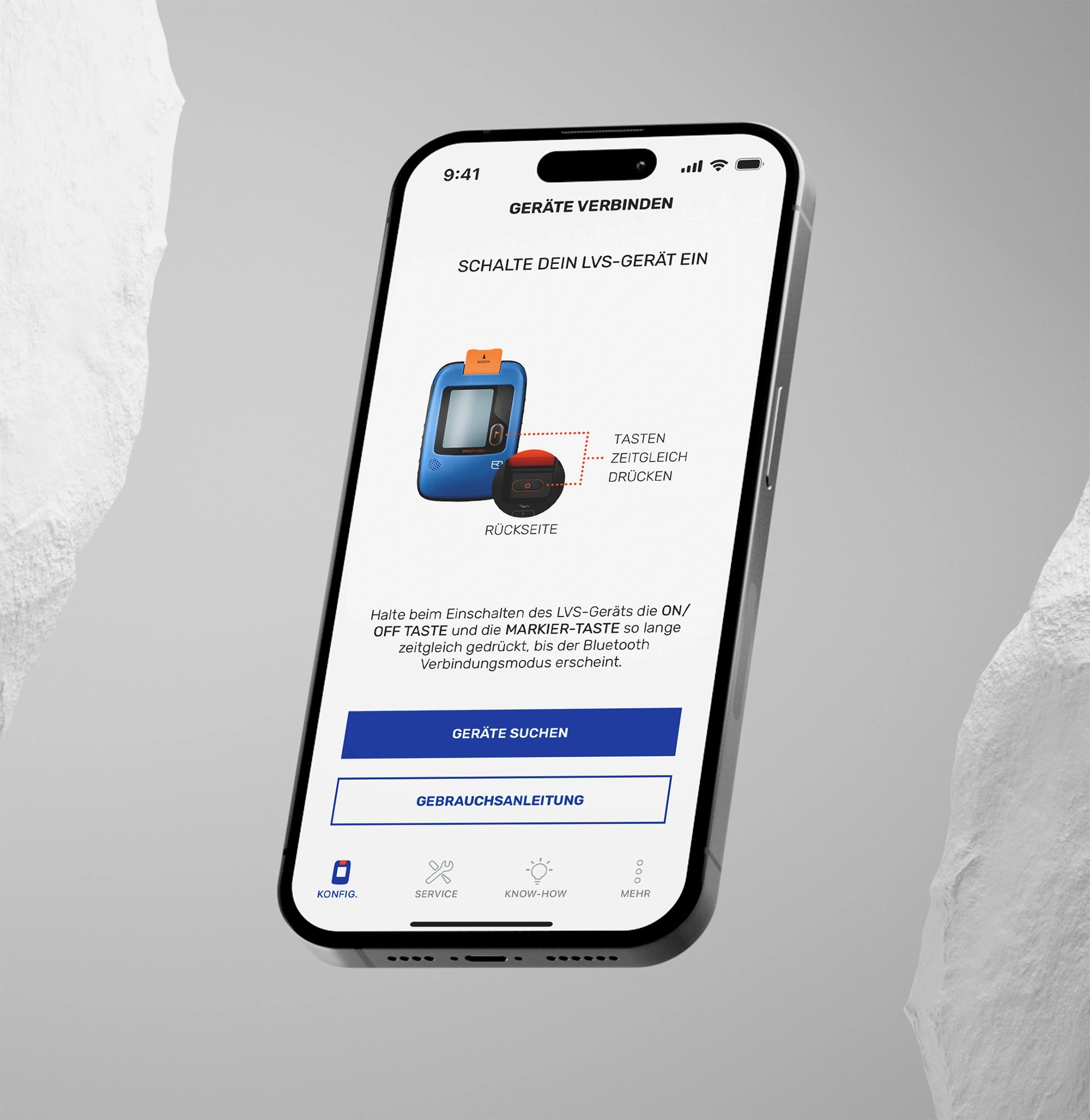 Abbildung: Smartphone zeigt Screen zur LVS-Gerätesuche