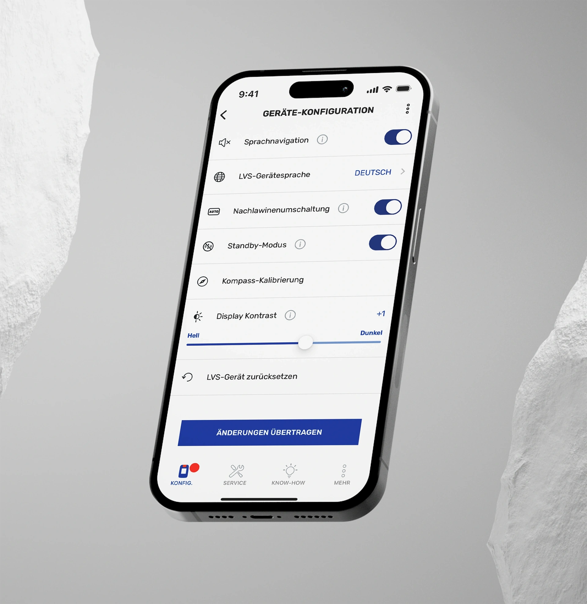 Abbildung: Smartphone zeigt Screen zur Gerätekonfiguration eines LVS-Geräts