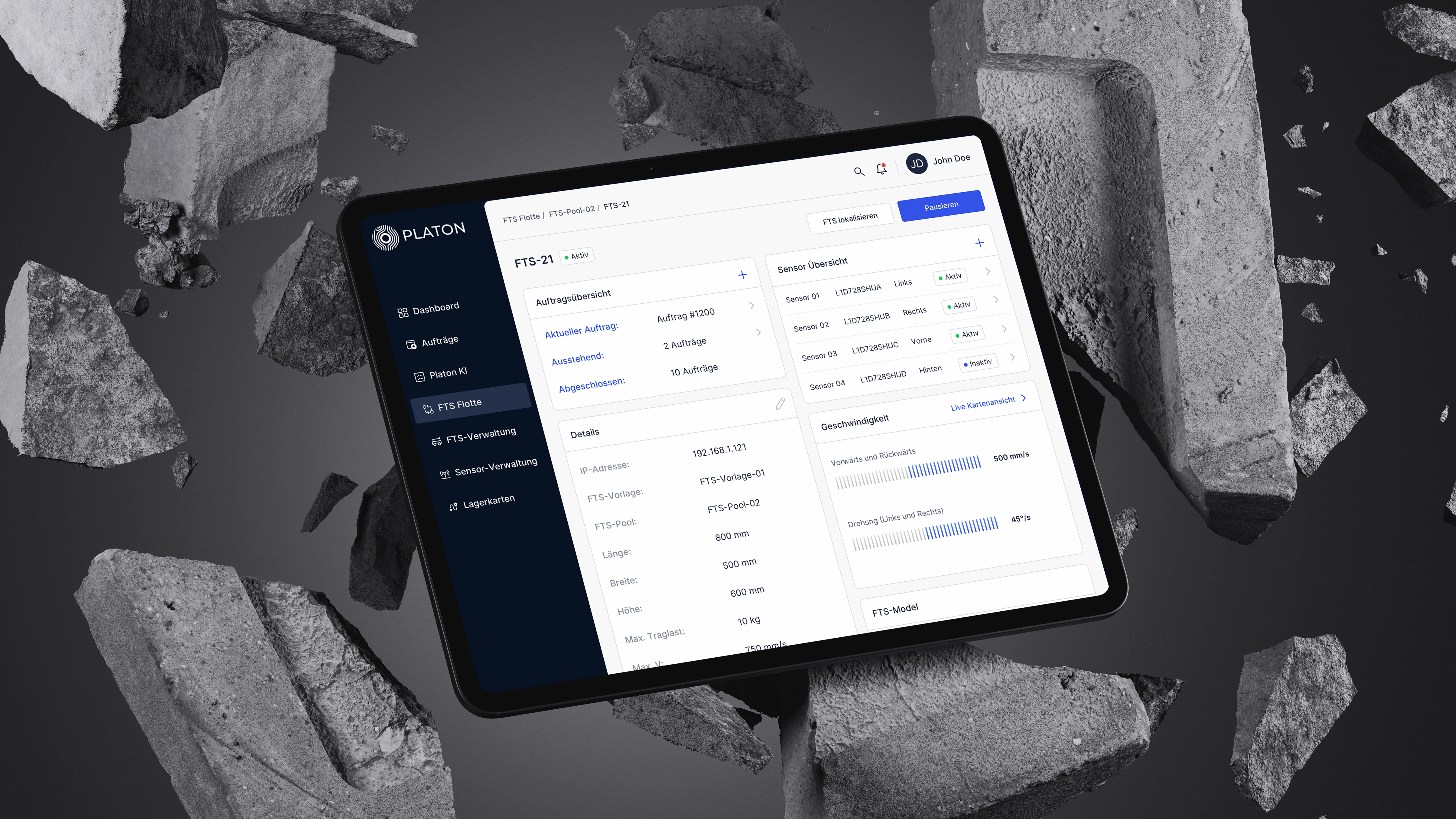 UX/UI Design Mockups – Platon Leitstellenlösung für autonome FTS-Flotten