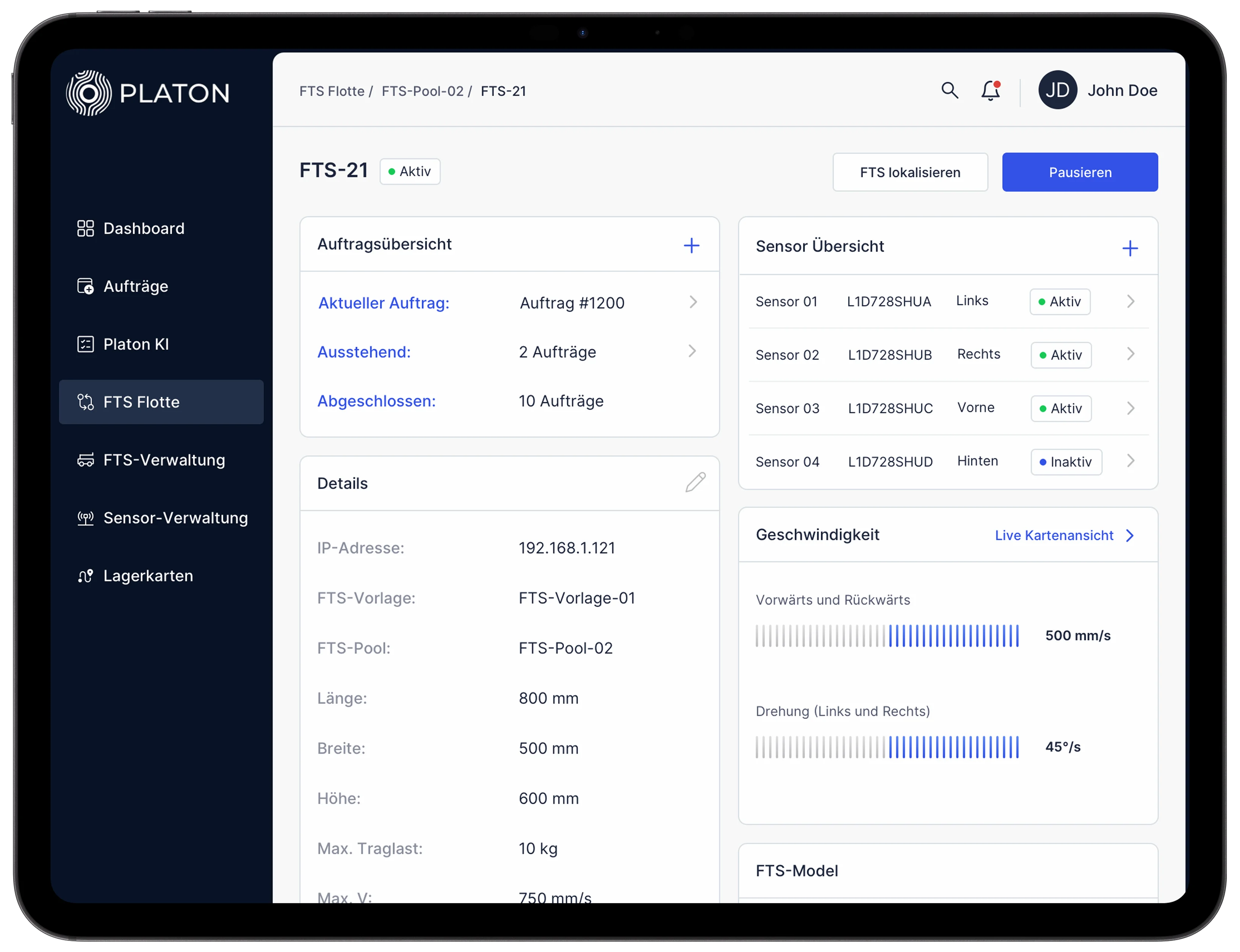 Platon Dashboard – Echtzeit-Überwachung und Steuerung autonomer FTS-Fahrzeuge