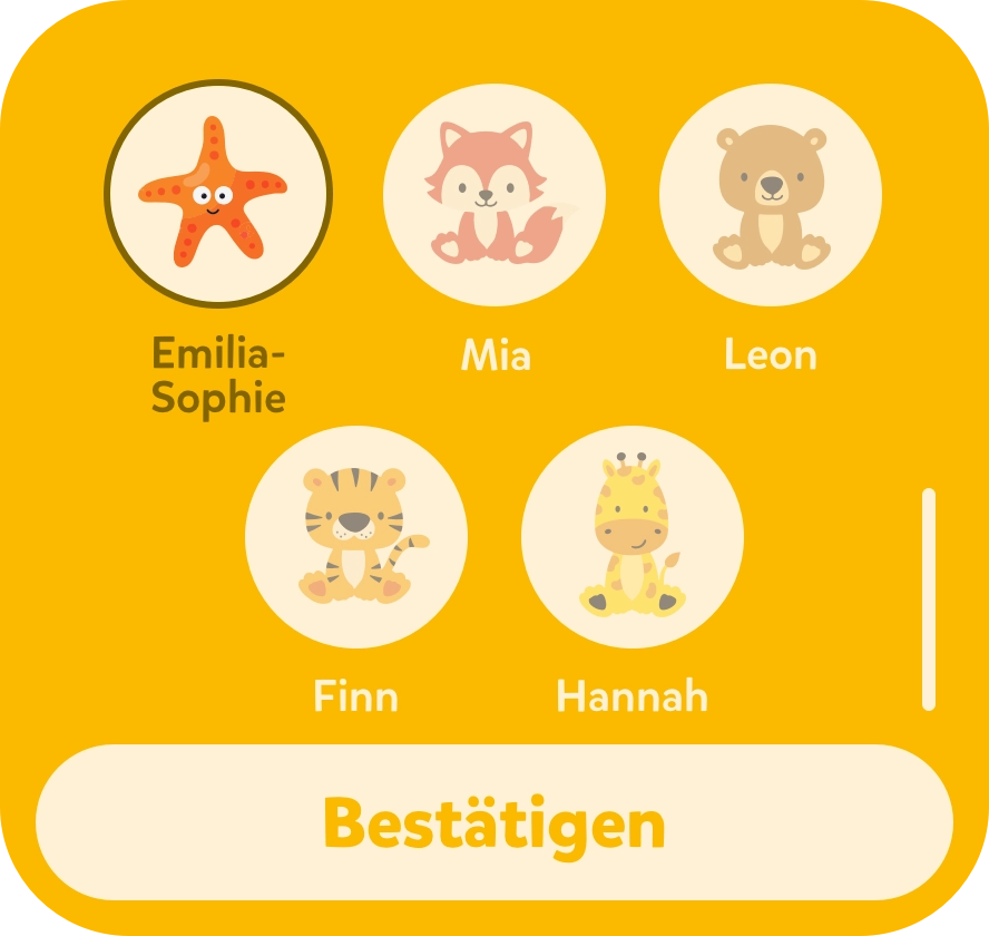 Tigerbox-Mini-Screen mit Profilbildauswahl.