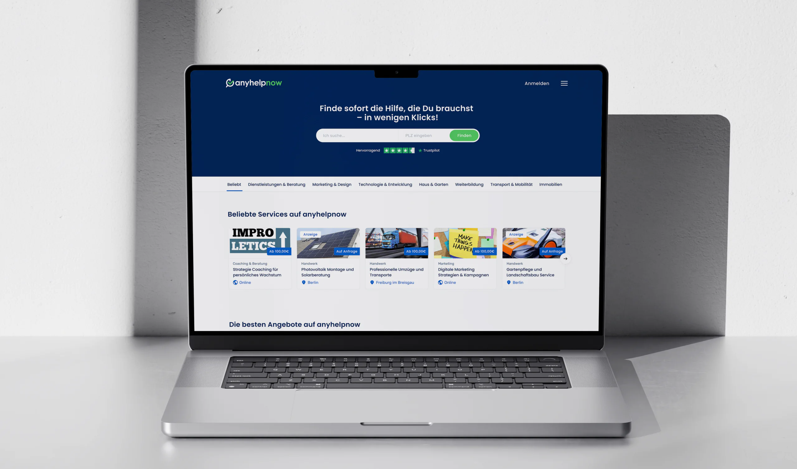 Startseite von Anyhelpnow mit Suchbereich für Dienstleistungen und übersichtlicher Navigation