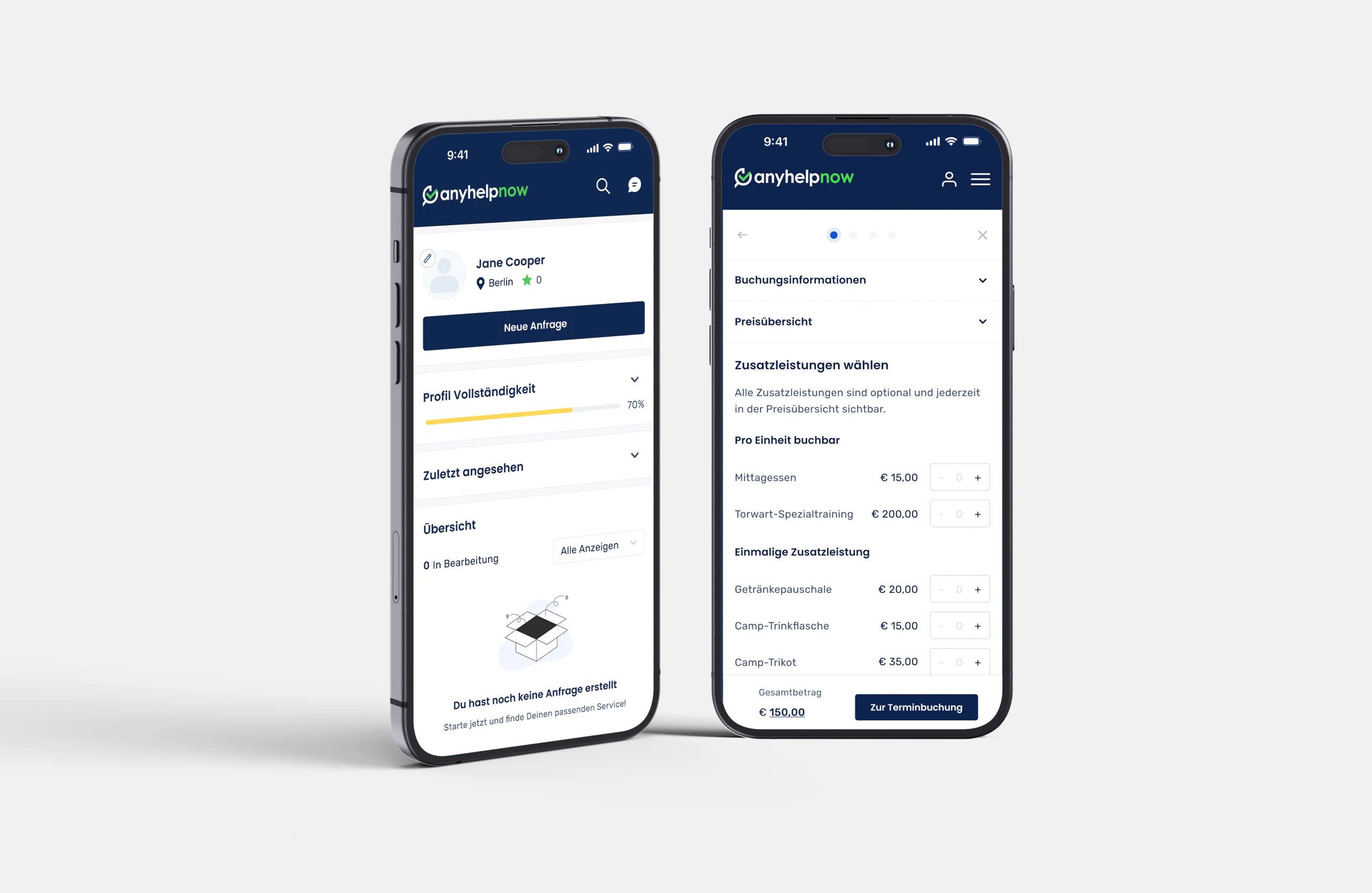 Desktop-Ansicht der Anyhelpnow Plattform mit Fokus auf Service-Suche und Nutzerführung