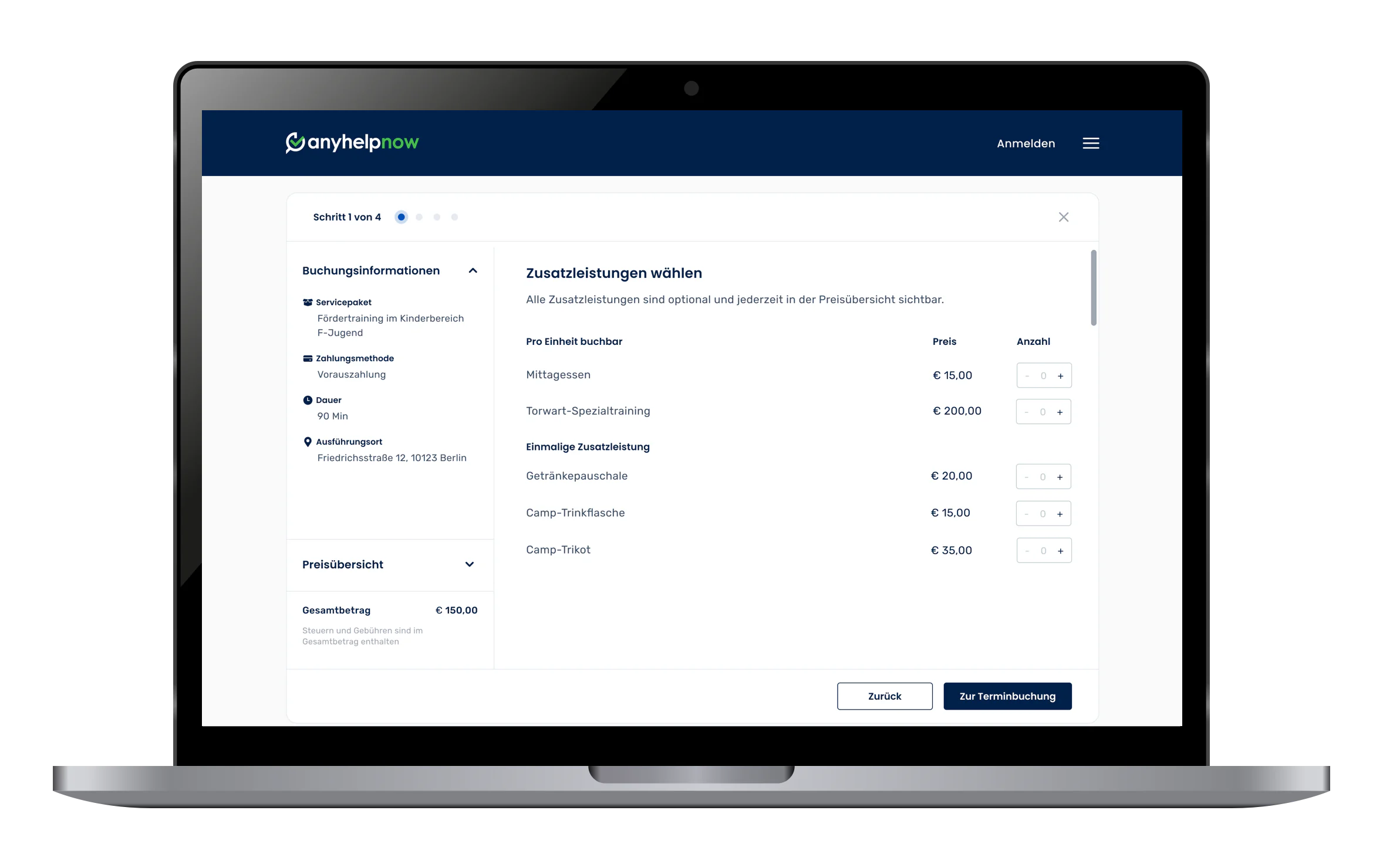 Schrittweises Buchungsformular für Servicepakete auf der Anyhelpnow Plattform