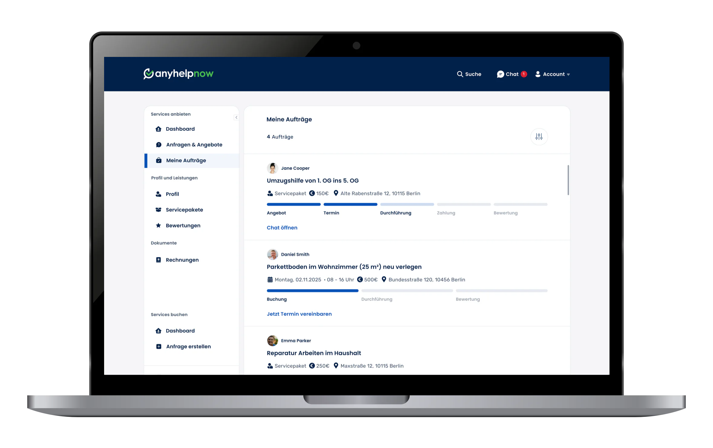 Dienstleister-Dashboard mit Auftragsstatus und Projektphasen zur strukturierten Verwaltung
