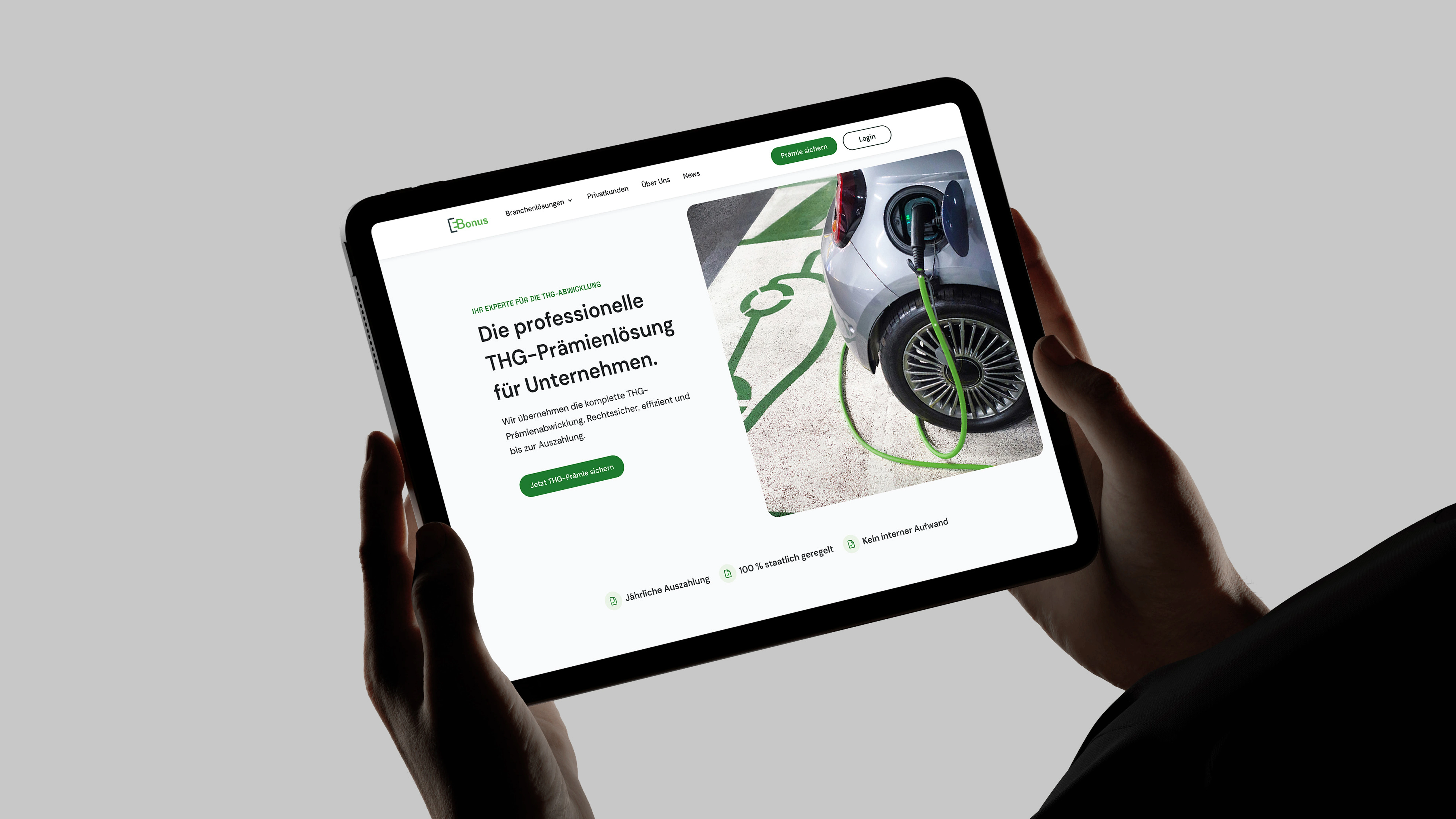 Ebonus-Plattform als Tablet-Mockup mit THG-Prämien-Landingpage
