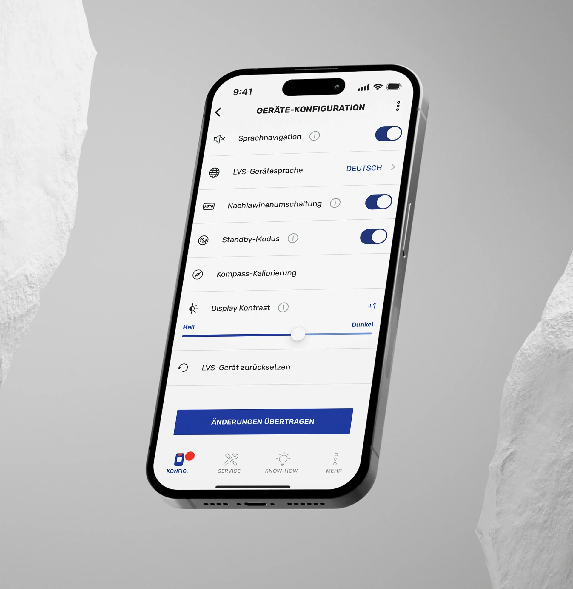 Abbildung: Smartphone zeigt Screen zur Gerätekonfiguration eines LVS-Geräts